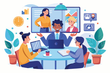 A business team is meeting around a table, with colleagues joining the meeting via video call on a large screen.