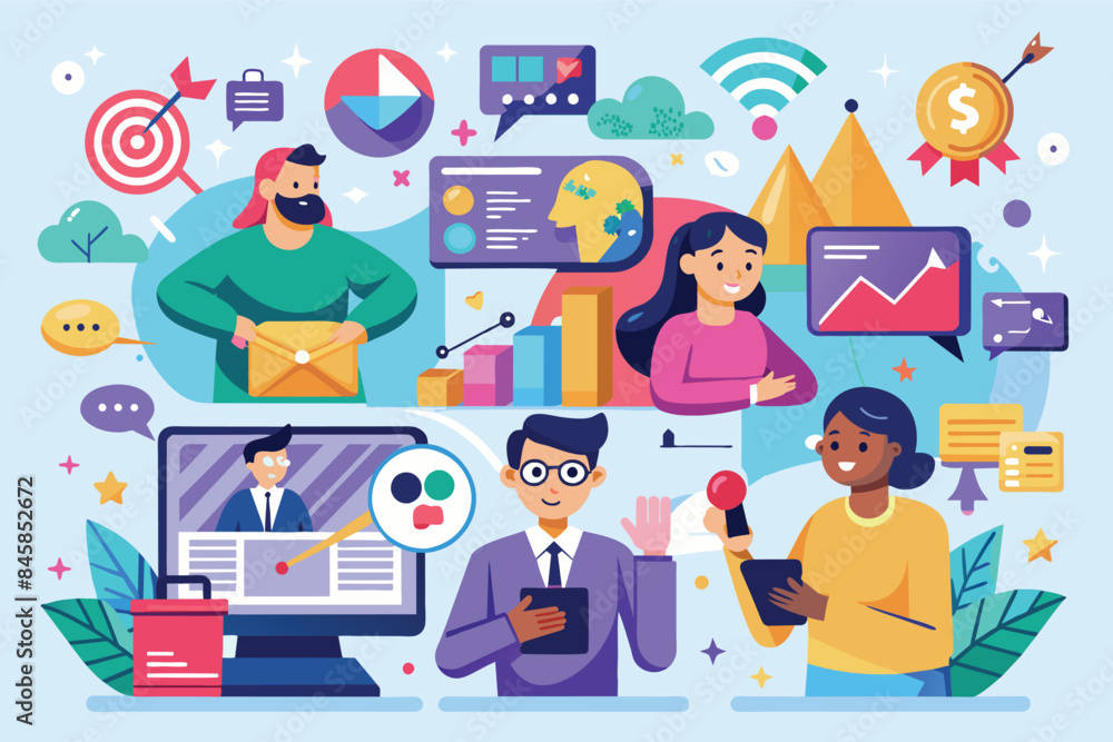 Poster an illustration depicting a team of diverse individuals working together on a digital project. the i