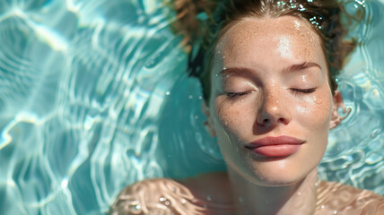 High angle view of woman relaxing in the swimming pool under clear blue water with closed eyes. Female face out of water, summer vacation concept.