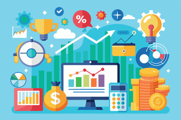 Fototapeta premium A colorful illustration depicting a business growth strategy with financial charts, data, and icons.