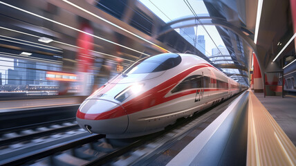 Fototapeta premium High-speed train at the station and a blurred city in the background, high resolution, high-quality image, travel, lighting, colorfulness, fast travel, be on time, technology, progress. AI
