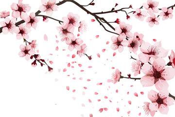 Background of cherry blossoms in full bloom with falling pink petals vector illustration on white background