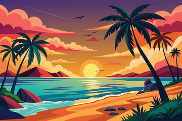 Fototapeta premium A vibrant illustration depicting a tropical beach scene at sunset. Palm trees stand tall against a backdrop of colorful clouds, while the sun sets over a calm, blue ocean.