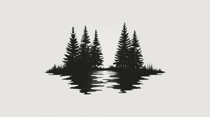 Obraz premium simple white vector logo of two black metal waterfalls with pine trees in the background on an all-white background, in a flat design, minimalist style, with no shadows or mockup.