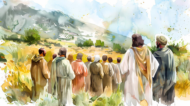 Jesus and his disciples walking towards a mountain, watercolor painting