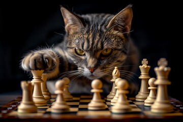 grey cat playing with chess pieces, international world chess day wallpaper, board game card, clever pet 