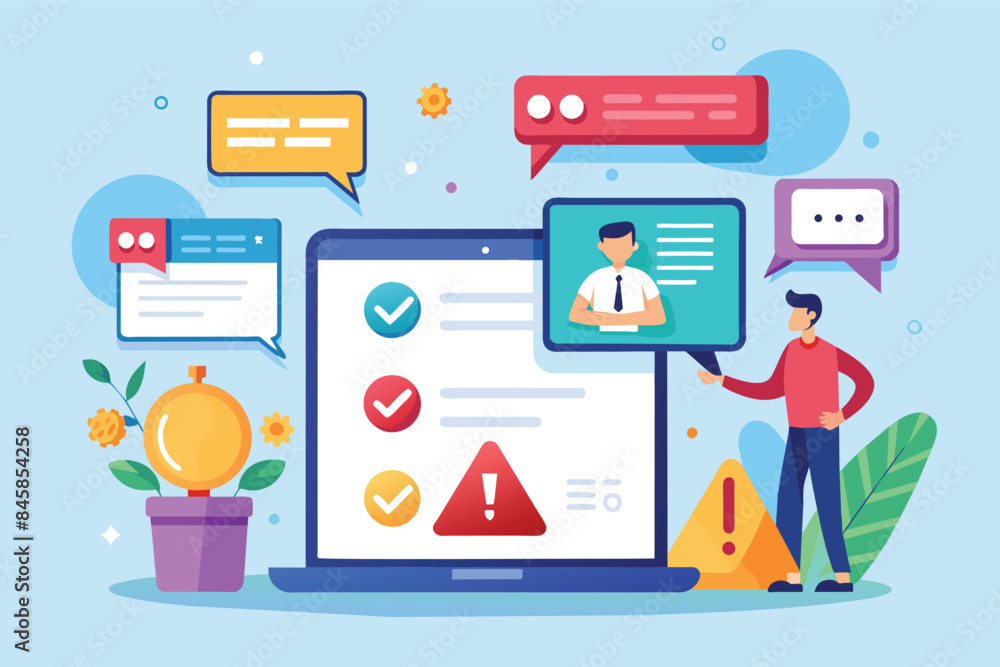 Poster a man is standing in front of a laptop with an error notification and checkmarks on the screen. he i