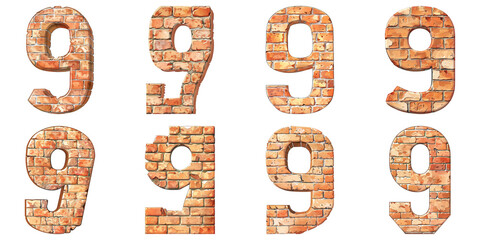 Naklejka premium Set of Number 9 Brick Wall Isolated on Transparent PNG Background. Generative ai