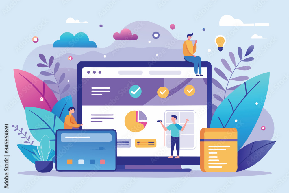 Poster an illustration depicting three people working together on a website design and development project,
