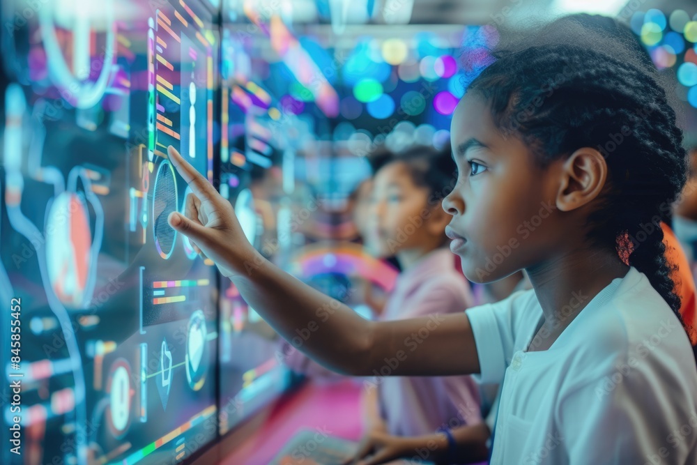 Poster skilled teacher teaching ai to diverse elementary student at digital classroom. smart multicultural 