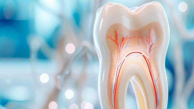 Close-up of a human tooth model displaying intricate internal structures. The image highlights the nerves and blood vessels, emphasizing dental anatomy