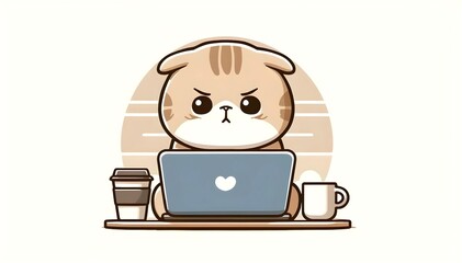 Scottish Fold Cat working at the computer. Cute cat powered by coffee. Funny Cat illustration. Generative AI