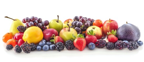 Heap of fruit isolated on white background, symbolizing healthy eating and dieting lifestyle.