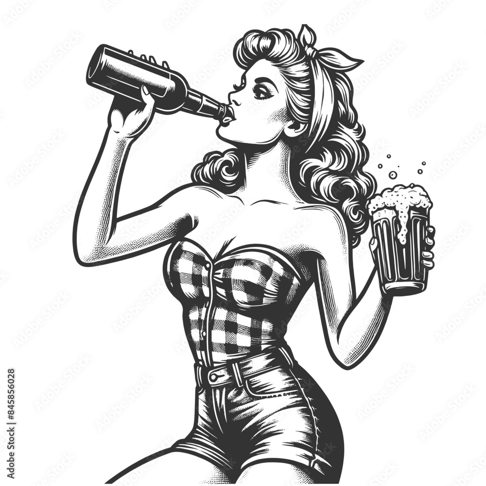 Poster woman drinking beer from a bottle while sitting sketch engraving generative ai fictional character v