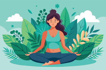 A woman sits with her eyes closed, meditating peacefully amidst a lush green garden filled with tropical foliage.