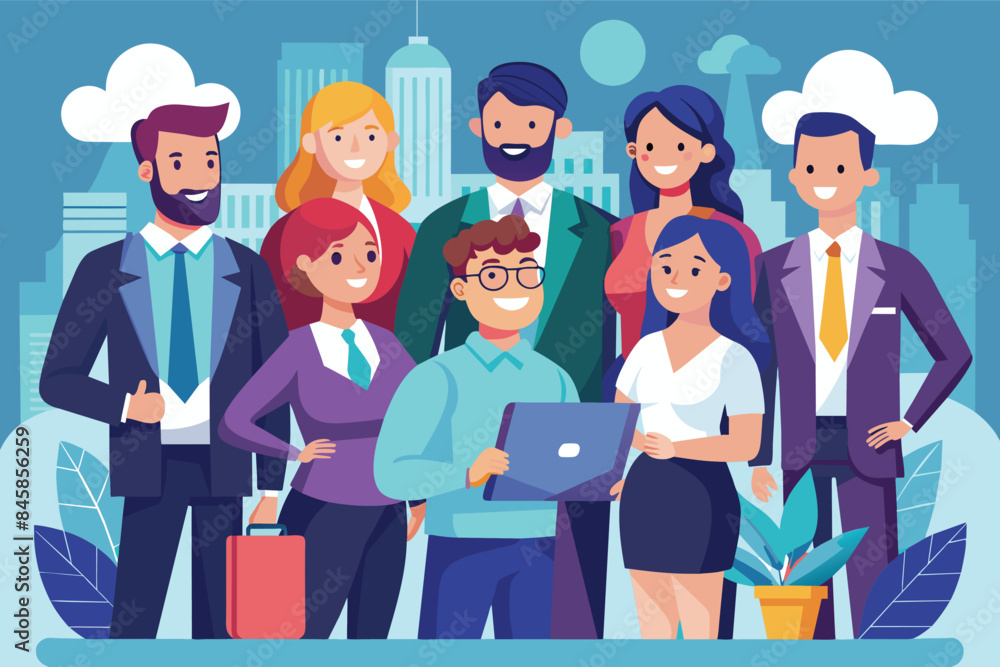 Aufkleber an illustration depicting a diverse group of professionals working together on a project in an urban