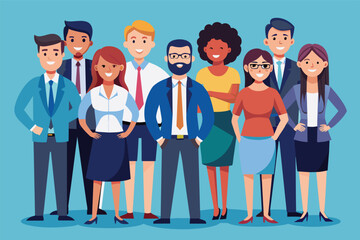 Fototapeta premium A cartoon illustration depicting a diverse group of eight business professionals standing together in a modern setting. They are all smiling and appear to be colleagues or coworkers.