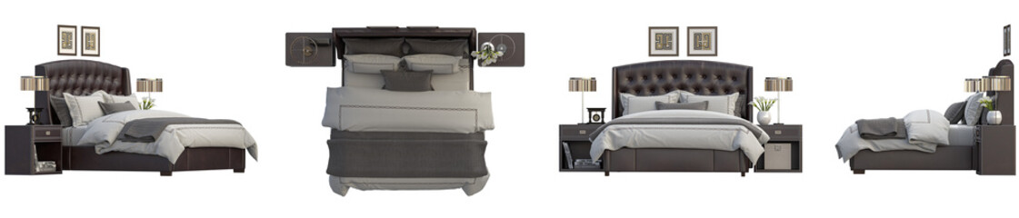 bedroom set from various angles, 3D rendering, interior lighting mood, transparent background