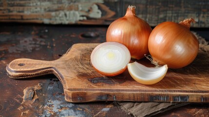 Two yellow onions on a wooden cutting board with one onion sliced in half