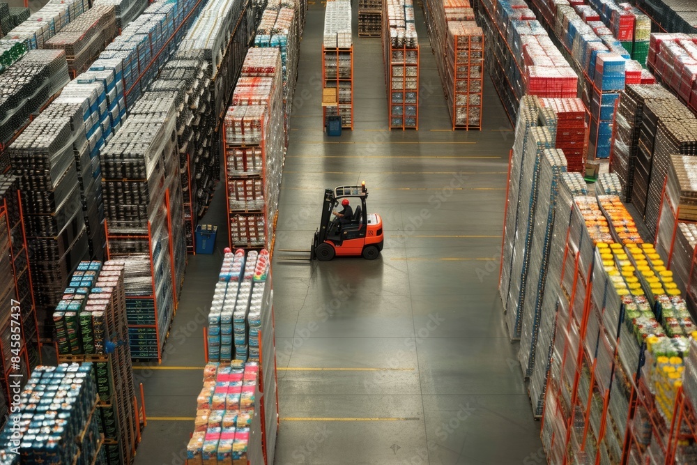 Poster smart warehouse worker or operator driving forklift and lifted product surrounded with box at storag