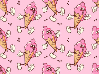 Vintage ice cream in Retro style seamless pattern. Groovy vintage character summer sweetness for packaging, paper, background