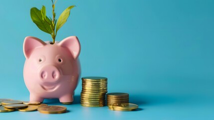 Pig piggy bank and seedlings grown with coin stack - investment ideas for growth