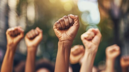 A group of people of different skin colors raising their fists in the air in a show of solidarity and strength. AIG535