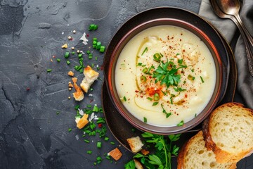 Top view of a tasty cream soup with bread organic vegetarian vegan meal dish Space for text