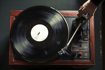 Record player with vinyl disc on dark background