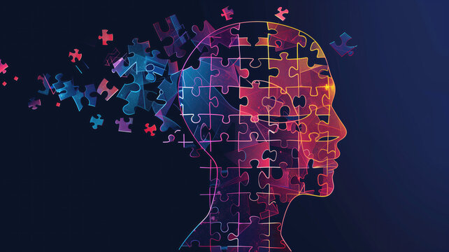Human head profile and jigsaw puzzle, cognitive psychology or psychotherapy concept, mental health, brain problem, personality disorder, vector line design, Created using generative AI tools