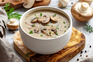 Top view of creamy mushroom soup on white wooden board