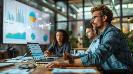A business team in a meeting room, analyzing graphs and discussing strategy, with a modern office backdrop