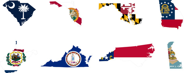 South region. South Atlantic: Delaware, Florida, Georgia, Maryland, North Carolina, South Carolina, Virginia, West Virginia. States of America territory. Separate states.