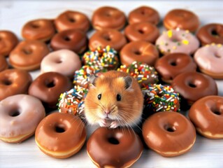 hamster enjoys eating colorful donuts