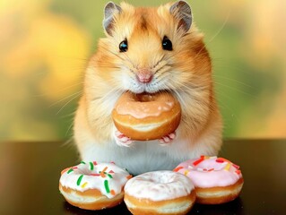 hamster enjoys eating colorful donuts