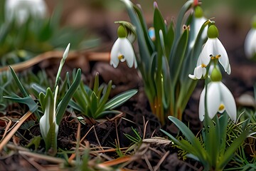 Snowdrops flowers on the green grass. Snowdrops crocus flowers on the green grass
