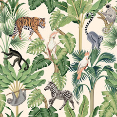 Tiger, African zebra, monkey, lemur animal, cockatoo parrot, banana tree, tropical palm, plant floral seamless pattern white background. Exotic botanical jungle wallpaper.  © good_mood