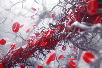 A red and black image of a blood vessel with red blood cells