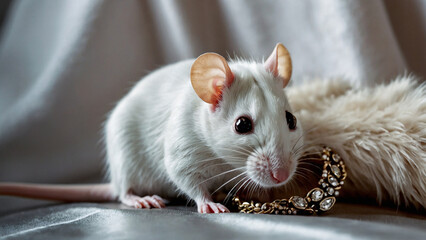 A beautiful white mouse wearing a necklace