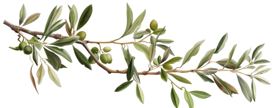 branch of a olive tree with leaves isolated on transparent background