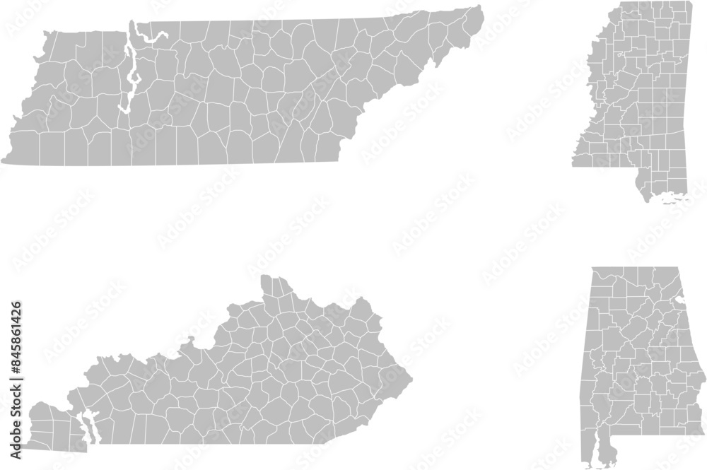 Wall mural South region. East South Central: Alabama, Kentucky, Mississippi, Tennessee. States of America territory. Separate states. Vector illustration