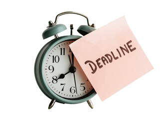 Vintage Alarm Clock with Deadline Note on Pink Sticky Note. Deadline in projects. Objectives and goals. Due date. delay in business. time limit. Target. Vintage Alarm Clock on Transparent background	