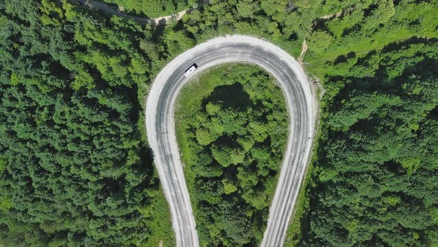 Aerial view of winding asphalt mountain road among green trees in summer.