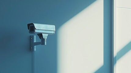 Minimalist, photo-realistic shot of a white security camera on a plain, clean wall, symbolizing advanced surveillance and security