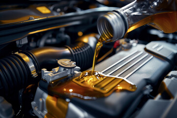 A car engine is being filled with oil