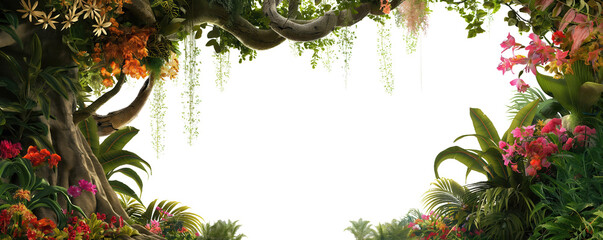 jungle scene featuring a large, tree with hanging vines and a variety of tropical flowers, isolated on transparent background