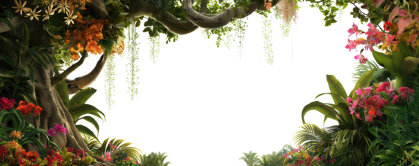 jungle scene featuring a large, tree with hanging vines and a variety of tropical flowers, isolated on transparent background
