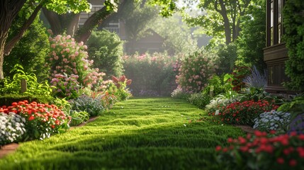 Obraz premium Idyllic English garden with a neatly trimmed lawn, colorful flowers, and dense leafy trees, in a highly photo-realistic style