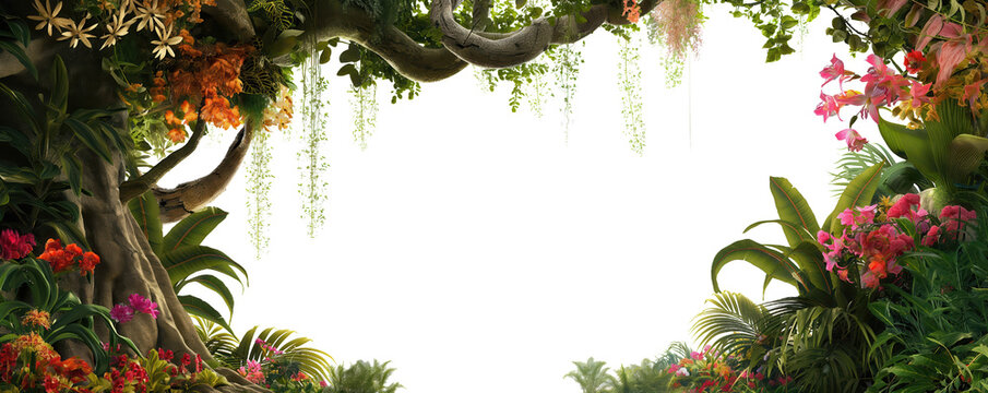 Fototapeta jungle scene featuring a large, tree with hanging vines and a variety of tropical flowers, isolated on transparent background