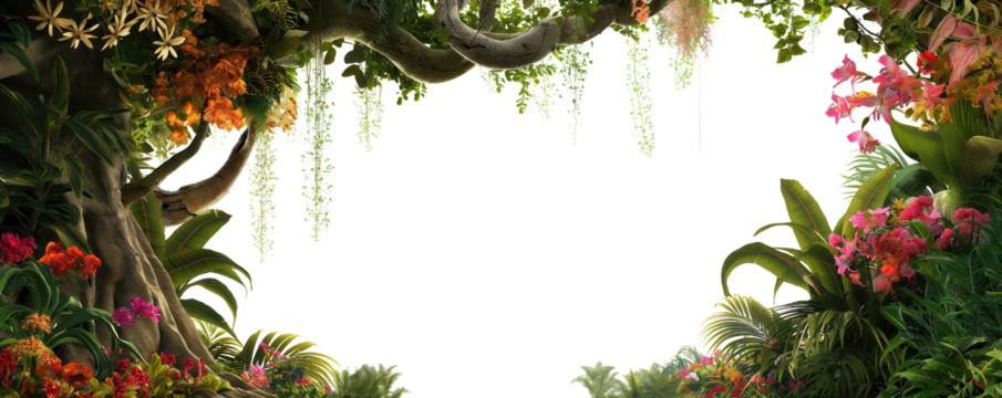 jungle scene featuring a large, tree with hanging vines and a variety of tropical flowers, isolated on transparent background